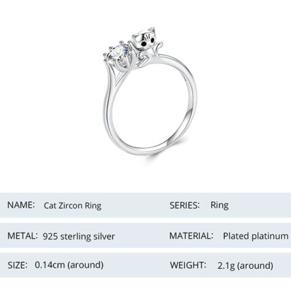 Cute Cat & Shiny Cubic Zirconia 925 Sterling Silver Women's Ring - Promise Rings