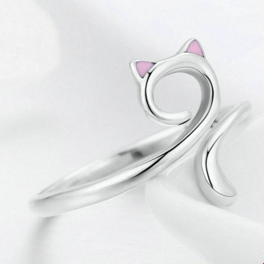 Cute Cat With Pink Ears 925 Sterling Silver Women's Ring - Promise Rings
