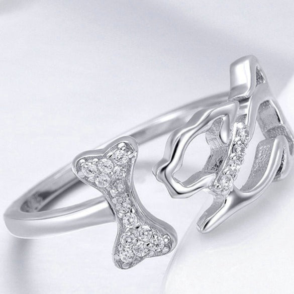 Cute Dog & Bone Cubic Zirconia 925 Sterling Silver Women's Ring - Promise Rings