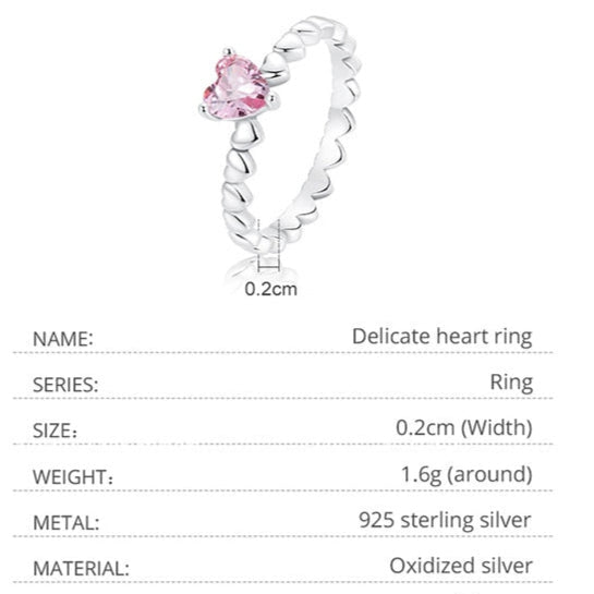 Sterling Silver Delicate Heart Ring – Pink Zircon Love Symbol (Women’s) - Promise Rings