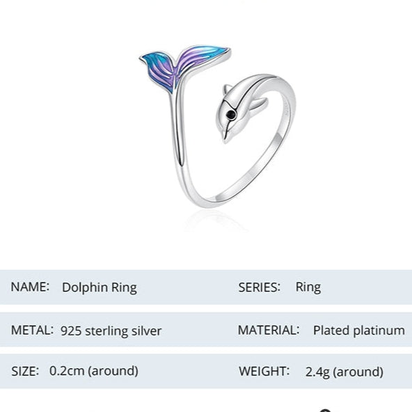 Adjustable 925 Sterling Silver Dolphin Ring with Colored Tail – Ocean-Inspired Elegance (Women’s) - Promise Rings