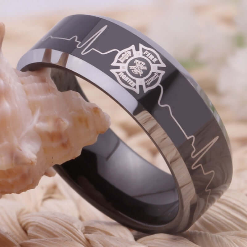 8mm Black Tungsten Firefighter Ring – Shield & Heartbeat Line Design (Men’s) - Promise Rings