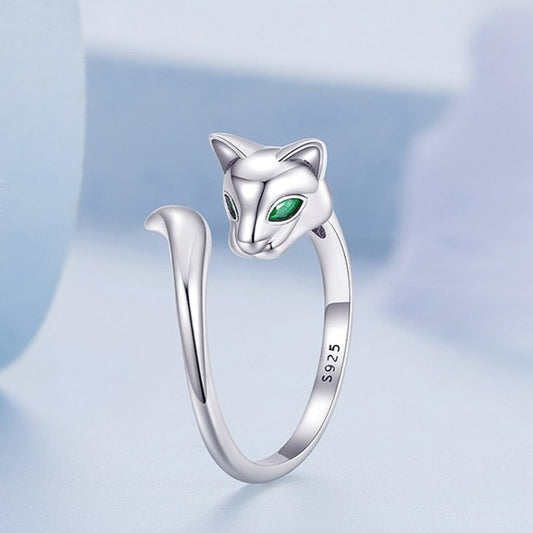 Fox Tail & Green Cubic Zirconias 925 Sterling Silver Women's Ring - Promise Rings