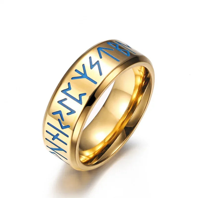 Glow in the Dark Viking Rune Ring — 8mm Norse Stainless Steel Gold Band