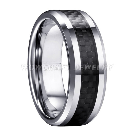 6mm & 8mm Black Carbon Fibre Inlay Silver Tungsten Unisex Rings