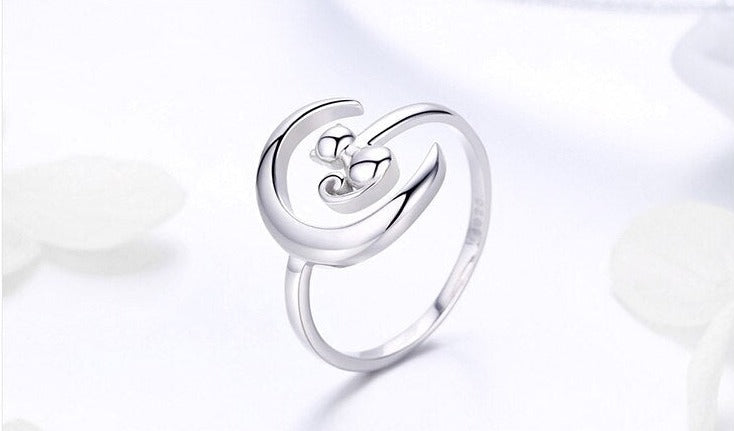 Crescent Moon & Cat 925 Sterling Silver Adjustable Women's Ring