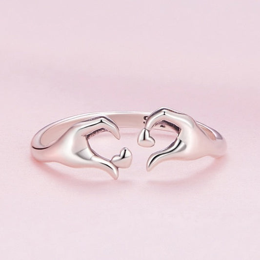 Sterling Silver Heart Hands Ring – Adjustable Love & Friendship Design (Women’s) - Promise Rings