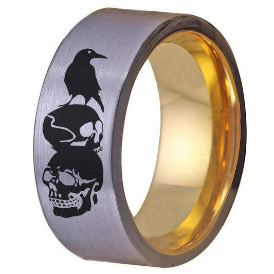 10mm Halloween Goth Odin Raven With Skulls Silver & Gold Unisex Tungsten Ring