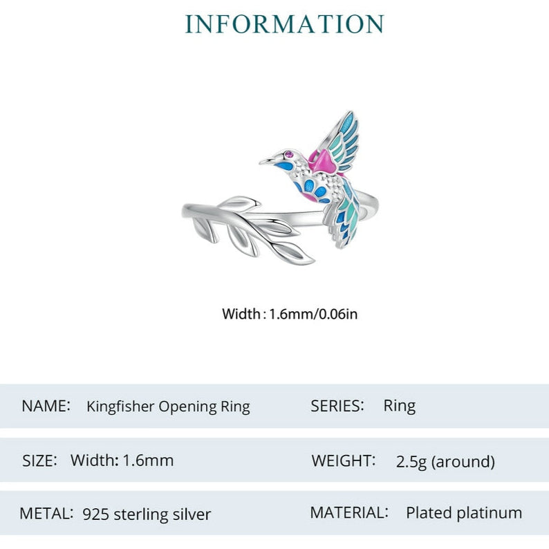 4mm Sterling Silver Kingfisher Ring – Colorful Bird & Leaf Branch Design (Women’s) - Promise Rings