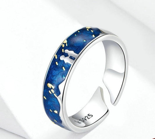 Celestial Blue Sterling Silver Ring – Meteor Shower Sky Inlay (Women’s) - Promise Rings