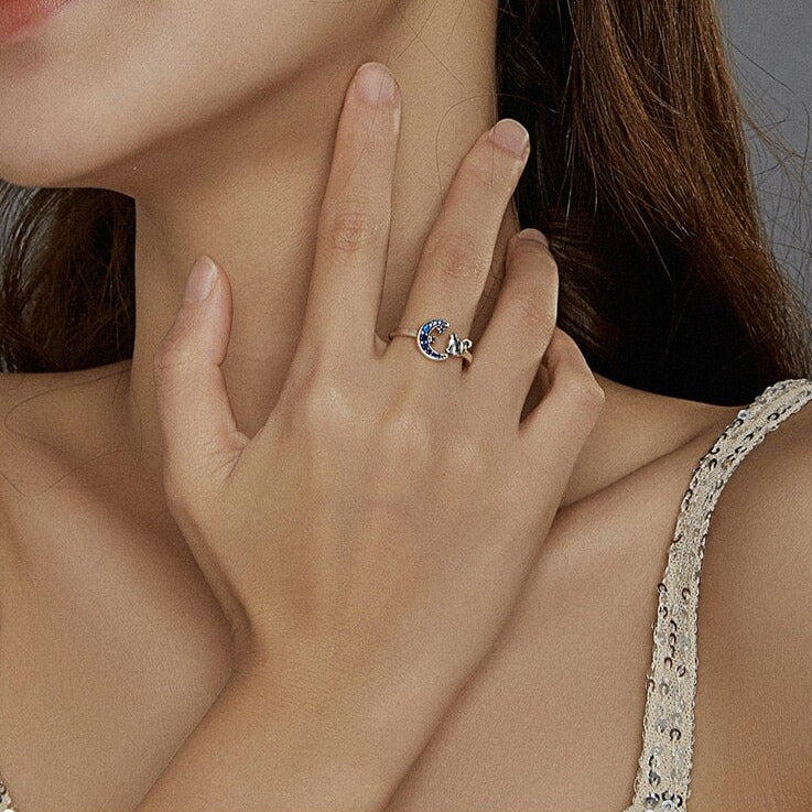 4mm Sterling Silver Moon & Cat Ring – Midnight Sky Adjustable Design (Women’s) - Promise Rings