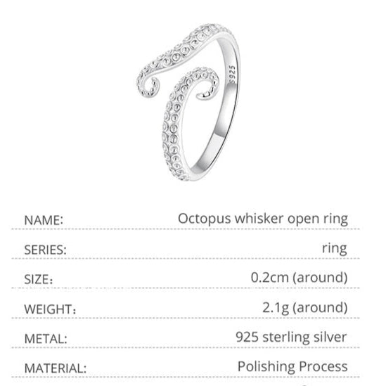 Octopus Tentacle Ocean-Inspired Ring – Sterling Silver Adjustable (Women’s) - Promise Rings