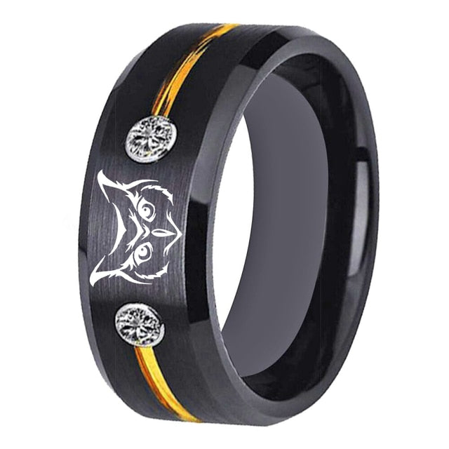 8mm Owl Bird Design Black Tungsten Ring – Red, Blue, or White Stones (Unisex) - Promise Rings