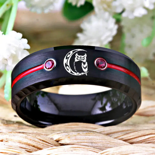 8mm Tungsten Owl with Moon Ring – Wisdom and Mystery with Cubic Zirconia Accent (Men’s) - Promise Rings