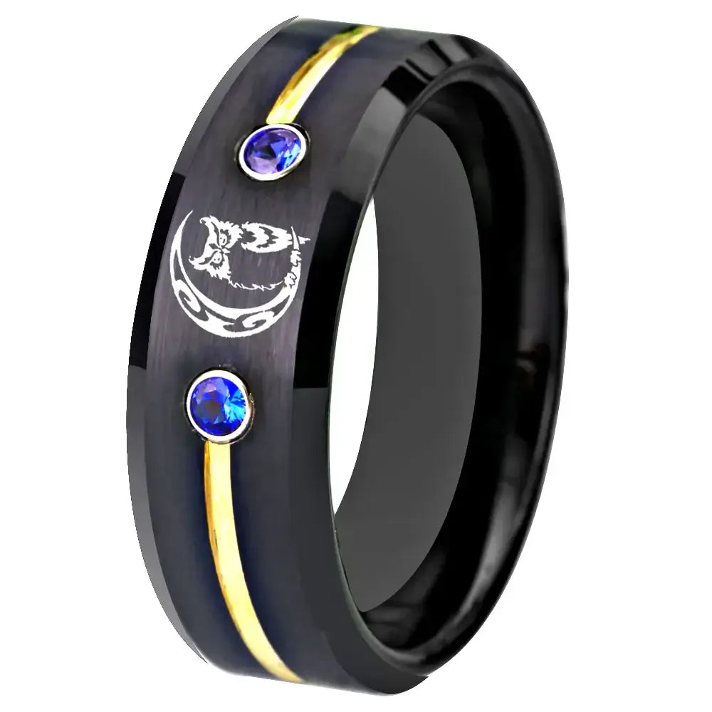 8mm Tungsten Owl with Moon Ring – Wisdom and Mystery with Cubic Zirconia Accent (Men’s) - Promise Rings