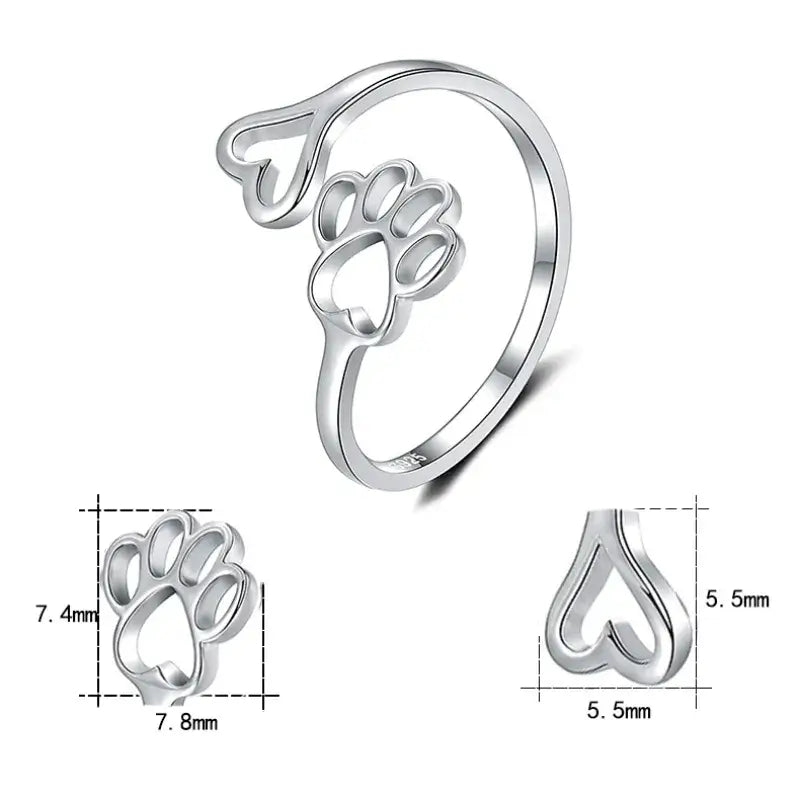 Paw Print 925 Sterling Silver Heart Ring – Adjustable Symbol For Pet Owners (Women’s) - Promise Rings