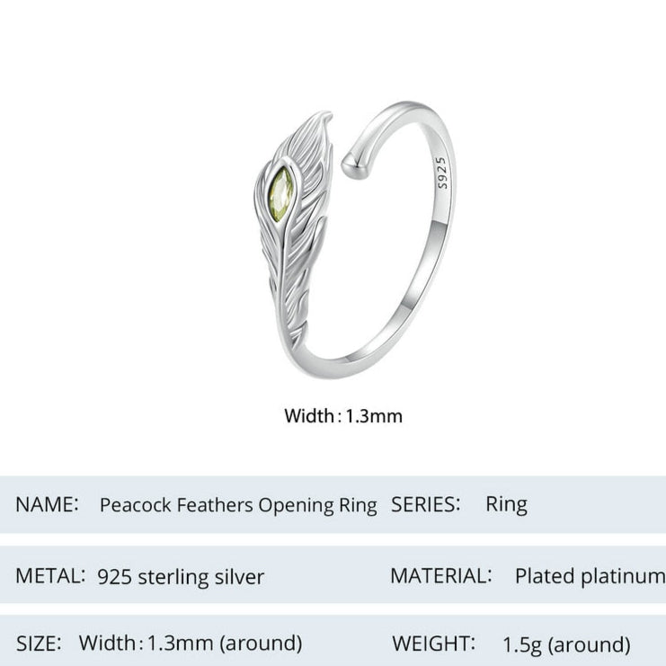Adjustable 925 Sterling Silver Peacock Feather Ring – Renewal & Beauty Symbolism (Women’s) - Promise Rings