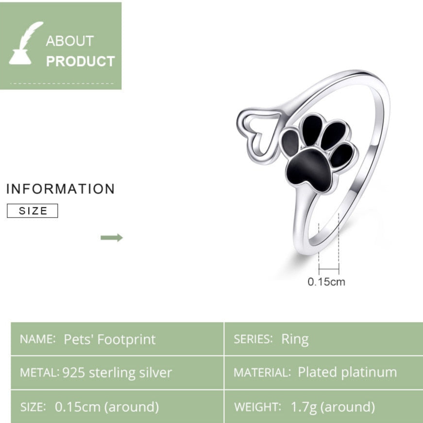 Adjustable 925 Sterling Silver Paw Print Ring – Heart & Enamel Detail (Women’s) - Promise Rings