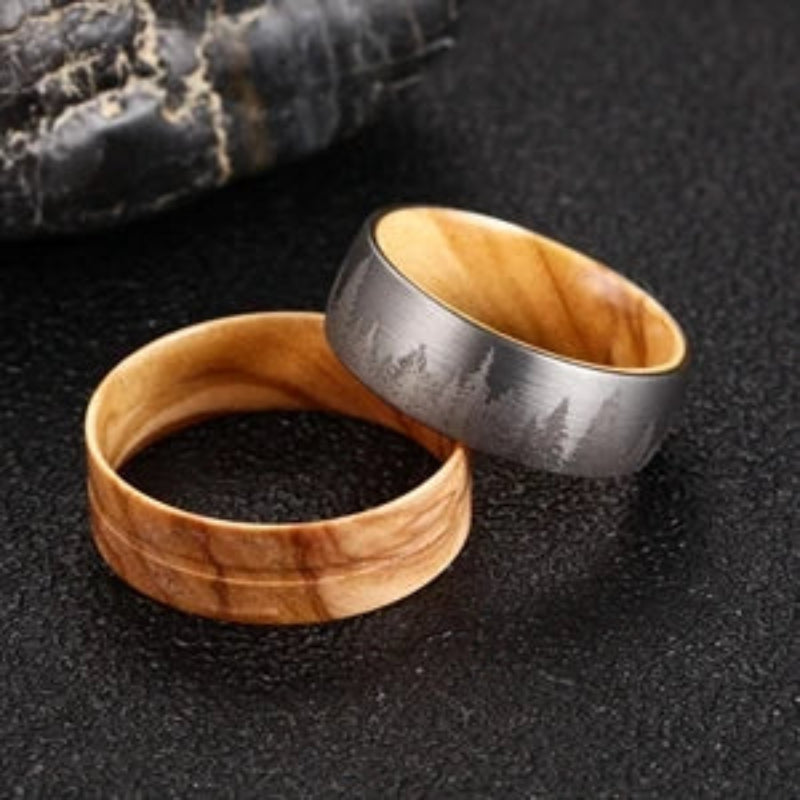 Pine Forest: 8mm Olive Wood Tungsten Men's Ring - Promise Rings