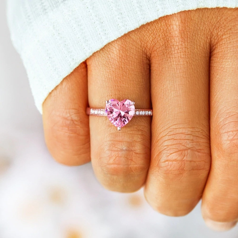 Pink Heart Cubic Zirconia 925 Sterling Silver Women's Ring (2 Colors) - Promise Rings