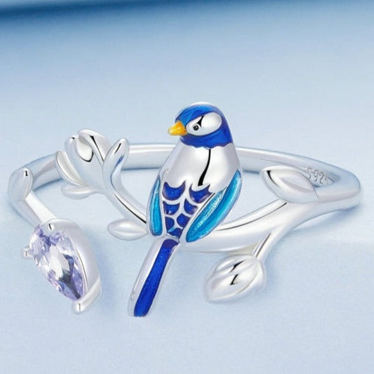Sterling Silver Bird Ring – Enamel Bluebird & Leaf Branch Design (Women’s) - Promise Rings