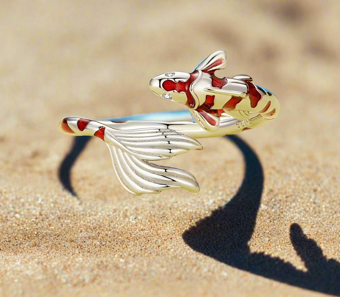 4mm Sterling Silver Koi Fish Ring – Red Enamel Lucky Design (Women’s) - Promise Rings