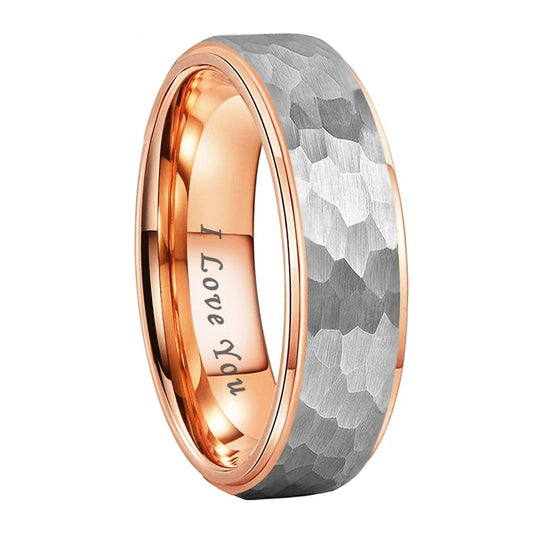 6mm, 8mm I Love You Engraved Hammered Silver & Rose Gold Tungsten Unisex Ring