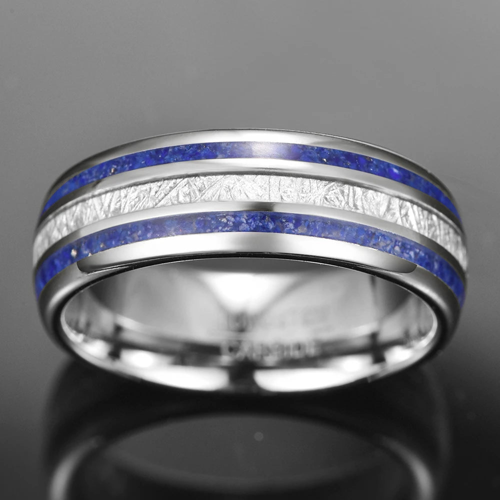 8mm Imitation Meteorite & Lapis Lazuli Silver Tungsten Men's Ring