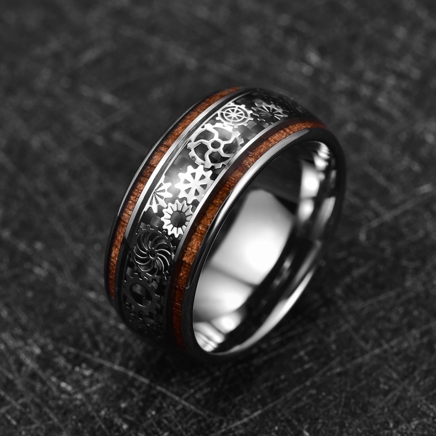 10mm Inlaid Wood Grain & Gear Pattern Tungsten Men's Ring