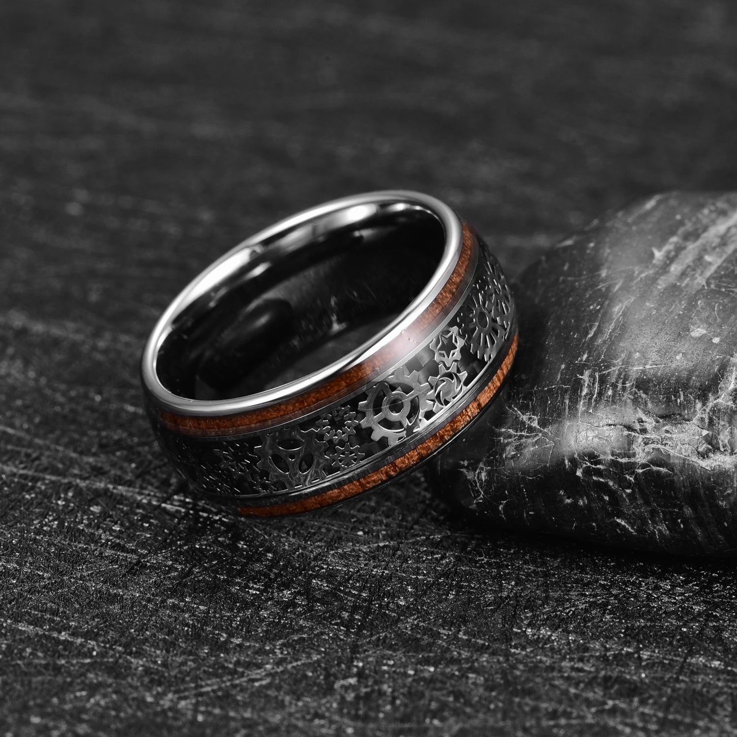 10mm Inlaid Wood Grain & Gear Pattern Tungsten Men's Ring