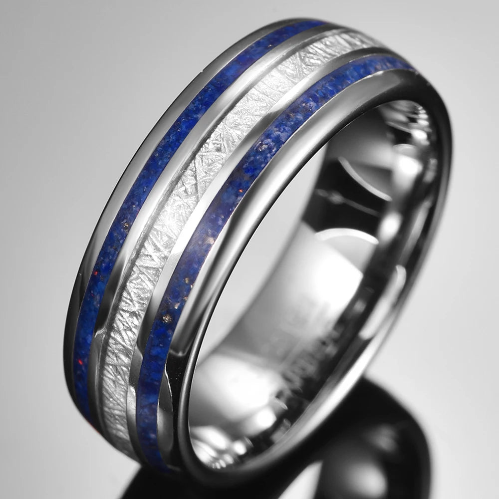 8mm Imitation Meteorite & Lapis Lazuli Silver Tungsten Men's Ring