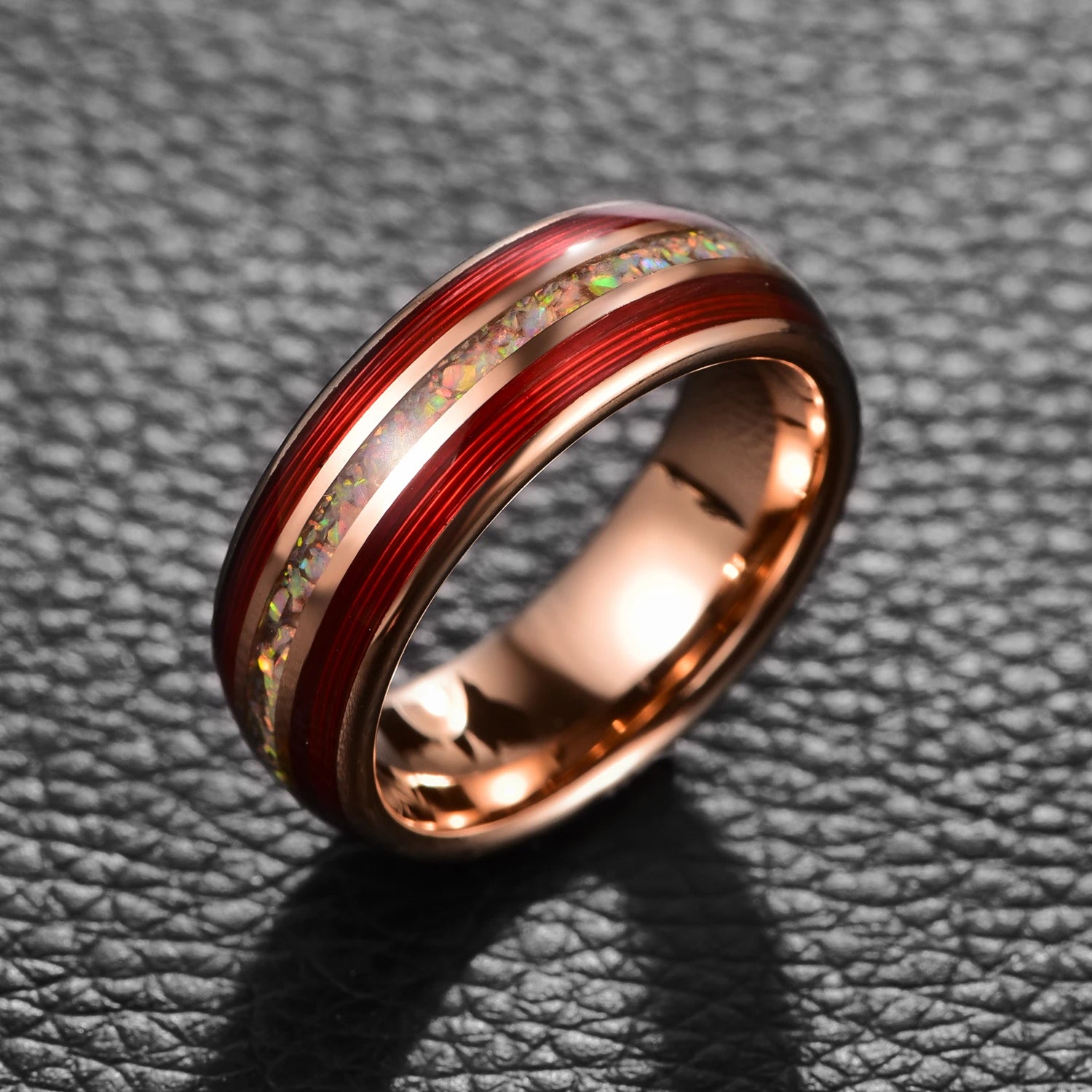 8mm Red Guitar String & Opal Rose Gold Tungsten Unisex Ring