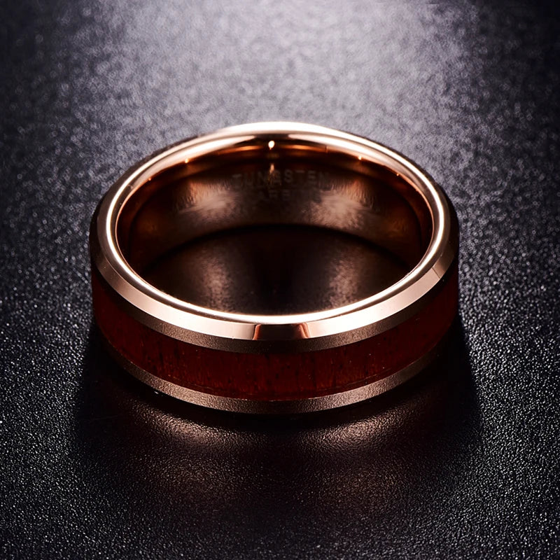 8mm Hawaiian Koa Wood Inlay Rose Gold Tungsten Unisex Ring