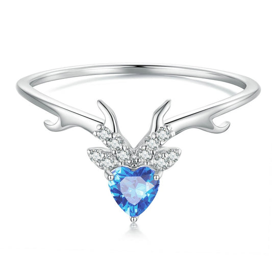 Christmas Reindeer Blue Crystal & Cubic Zirconia Antlers 925 Sterling Women's Ring