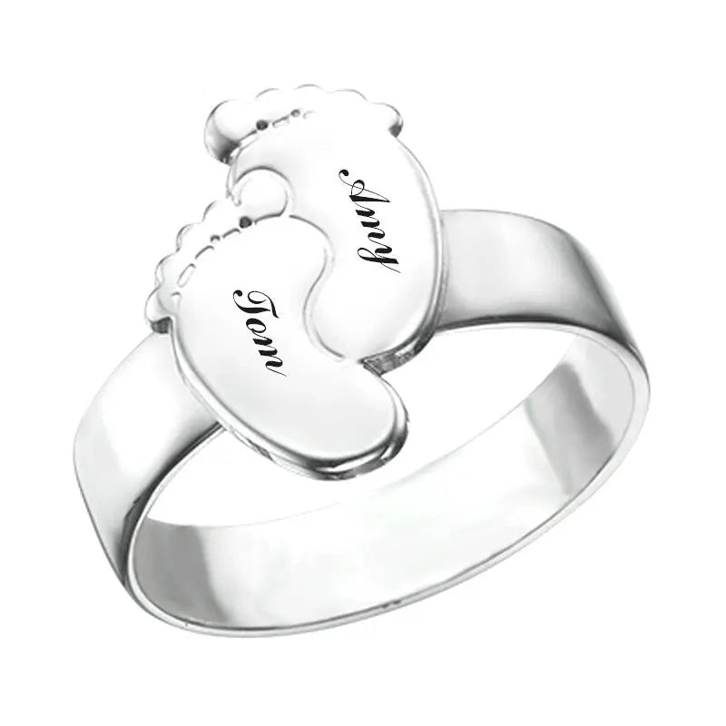 11mm Sterling Silver Baby Feet Ring – Custom Name Engraving in Heart Design (Women’s) - Promise Rings