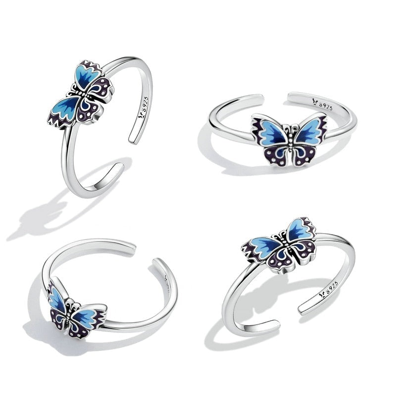 Vintage Retro Blue Butterfly 925 Sterling Silver Adjustable Women's Ring