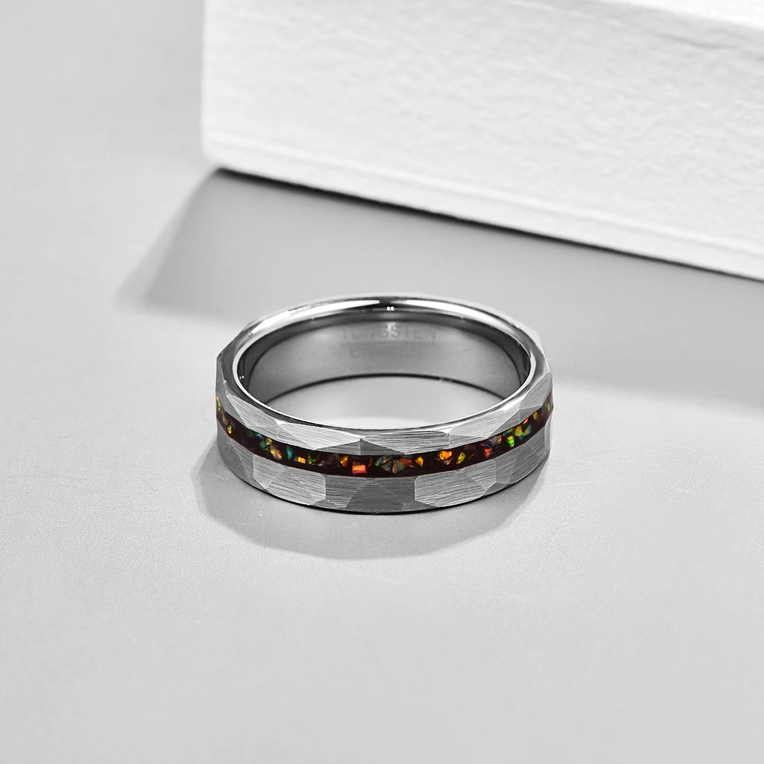 6mm Sand Inlaid with Opal Hammered Silver Tungsten Unisex Ring