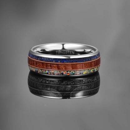 8mm Lapis Lazuli, Wood, Opal & Guitar String Silver Tungsten Men's Ring