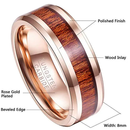 8mm Hawaiian Koa Wood Inlay Rose Gold Tungsten Unisex Ring