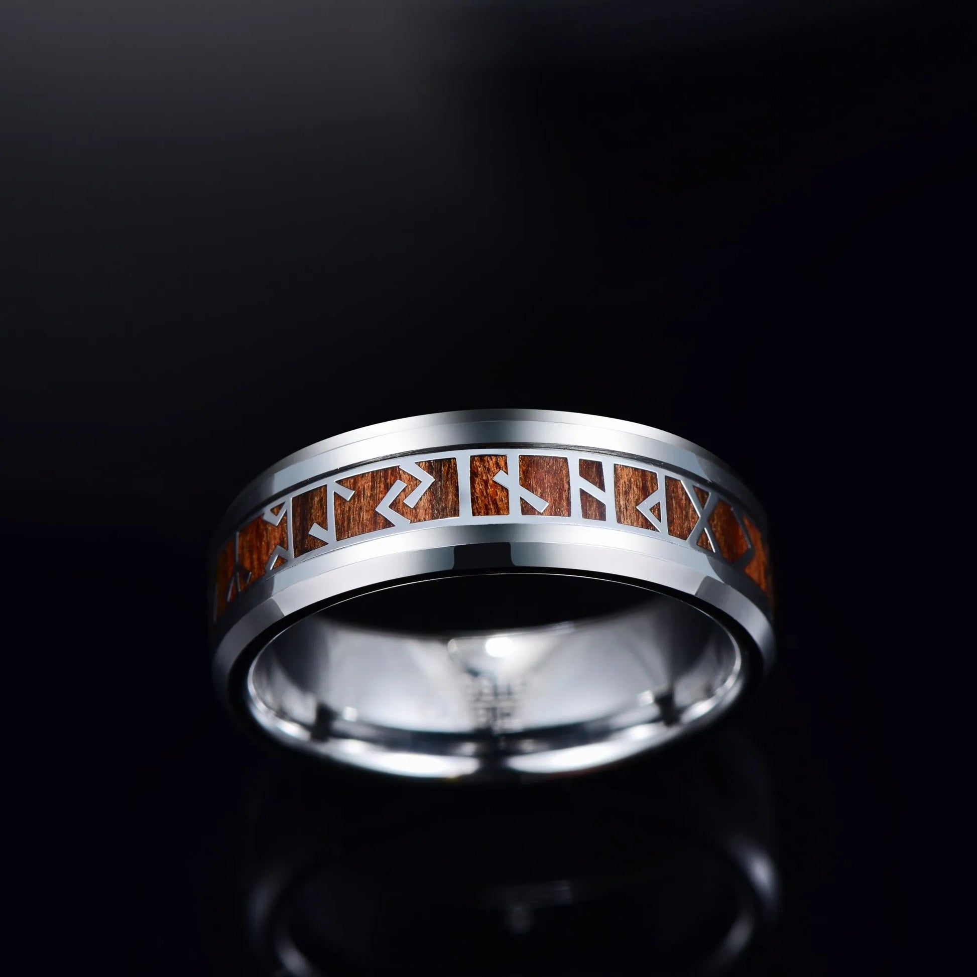 8mm Retro Phoenician Text Viking Pattern Wood Inlay Silver Tungsten Men's Ring