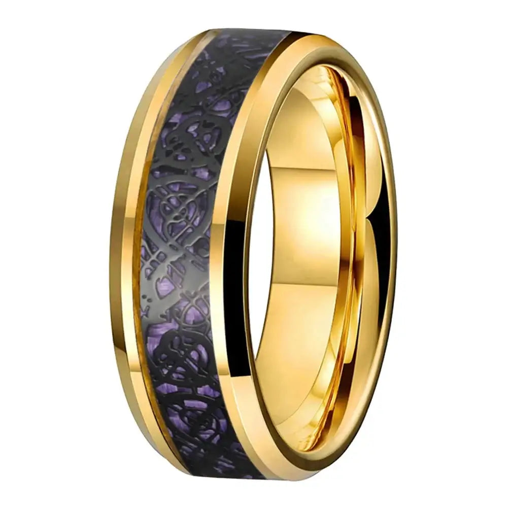 8mm Polished Gold Tungsten Golden Dragon Carbon Fibre Ring – Celtic Strength & Courage (Men’s) - Promise Rings