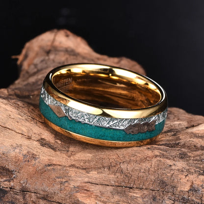 8mm Green Agate, Meteorite & Silver Arrow Gold Tungsten Unisex Ring