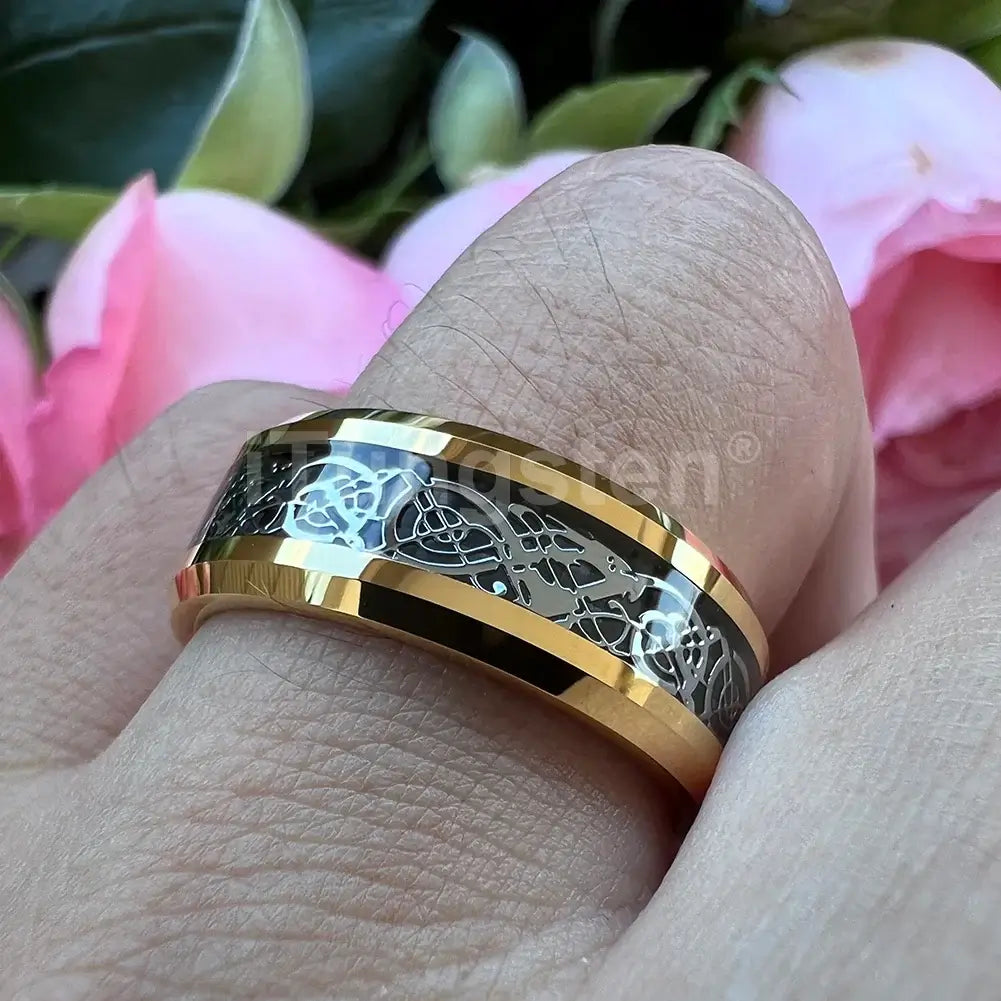 8mm Polished Gold Tungsten Silver Dragon Carbon Fibre Ring – Powerful Celtic Heritage (Men’s) - Promise Rings