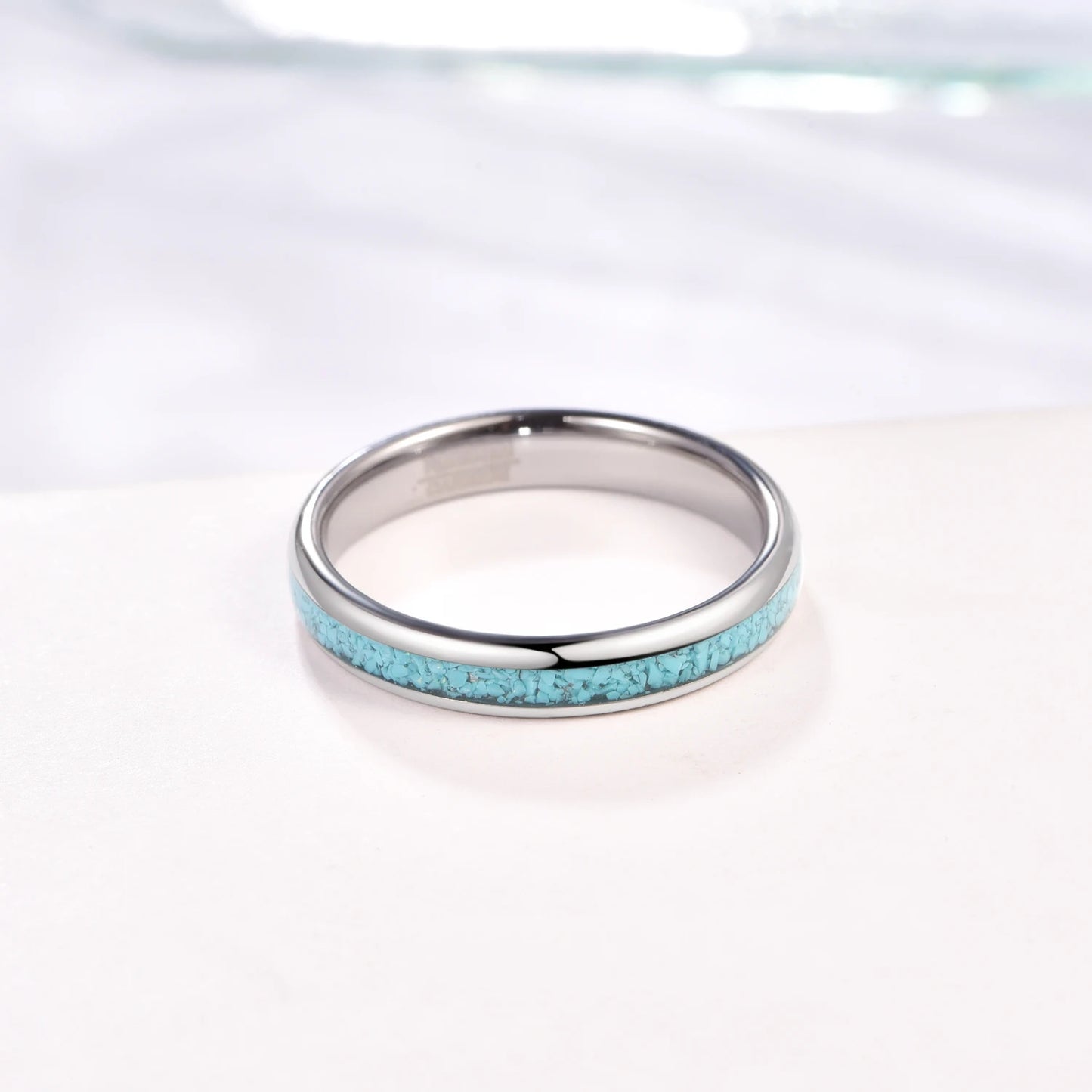 4mm Crushed Blue Turquoise Silver Tungsten Unisex Ring