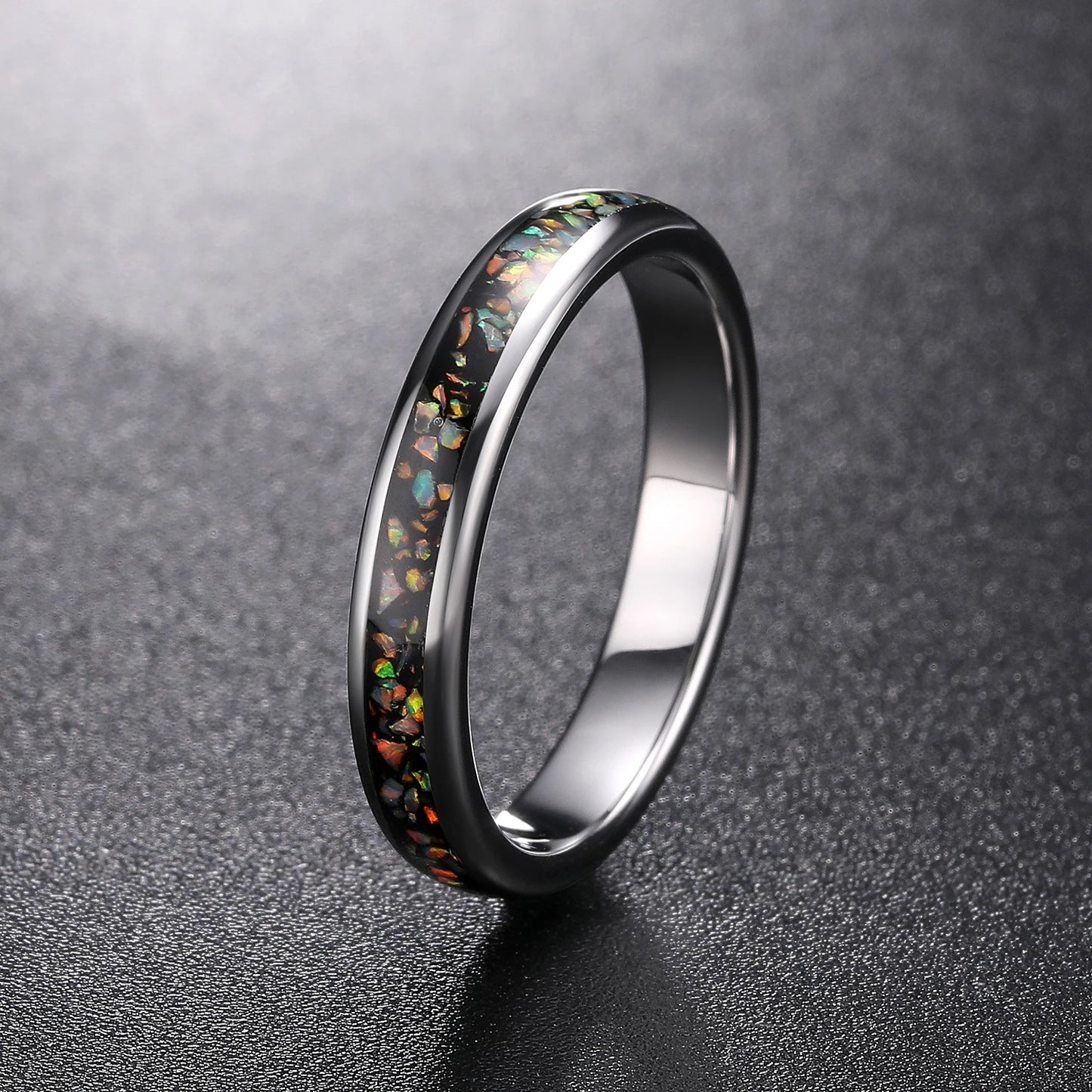 4mm Inlaid Imitation Opal Dome Silver Tungsten Unisex Ring