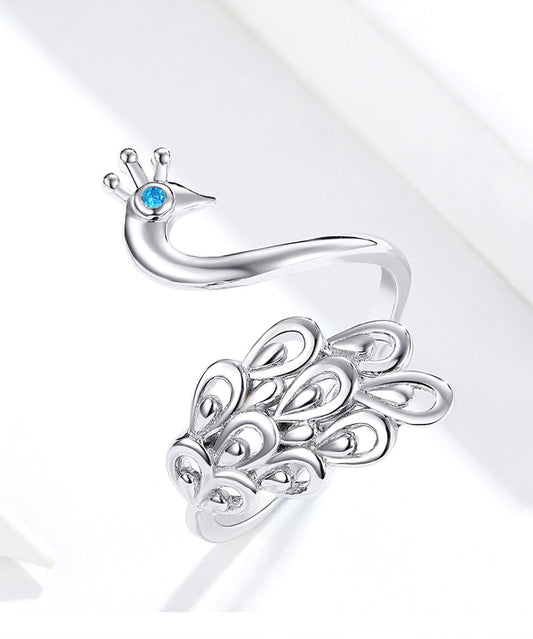 Peacock Bird Ring – Sterling Silver Adjustable Women’s Ring (Vintage Feather Design) - Promise Rings
