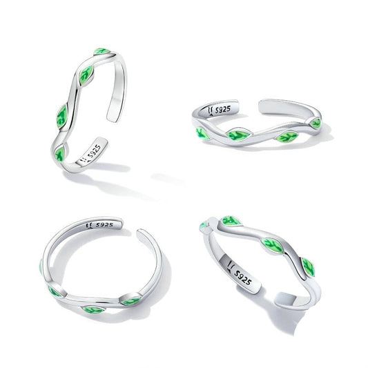 Nature-Inspired Sterling Silver Ring – Green Leaf Branch Design (Women’s) - Promise Rings