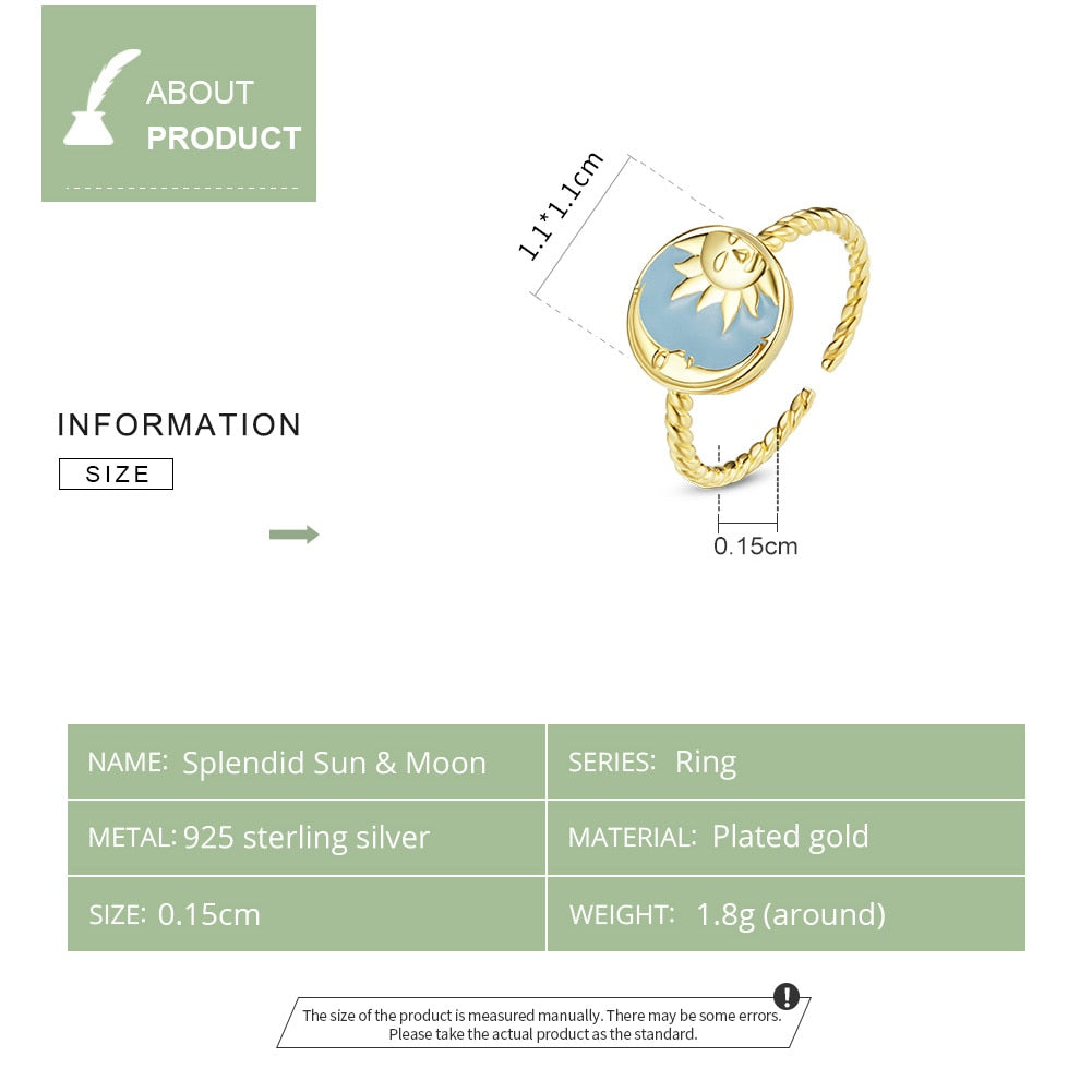 Gold & Sky Blue Tone Sterling Silver Sun & Moon Ring – Celestial Harmony Symbol (Women’s) - Promise Rings