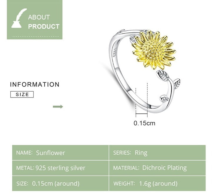 Sunflower Flower 925 Sterling Silver Women's Ring - Promise Rings