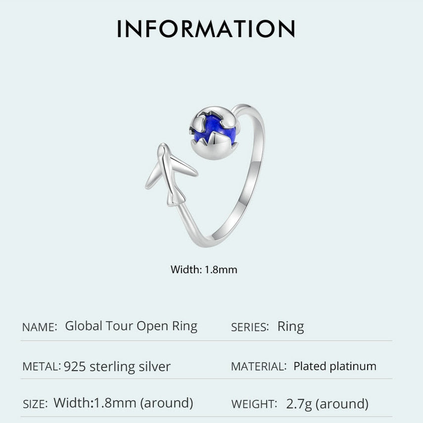 925 Sterling Silver Travel Ring – Blue Globe & Airplane Adventure Design (Women’s) - Promise Rings